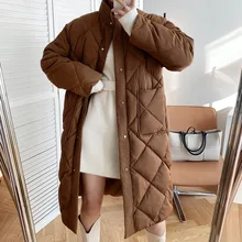 

2021 Winter Korean Style Long Cotton-padded Coat Women's Casual Stand Collar Argyle Pattern Loose Casual Parka Chic Jacket Ins