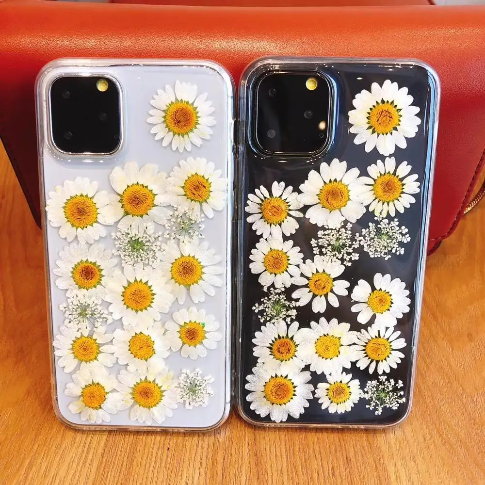 

Luxury Real Daisy Dried Flower Transparent Soft TPU Cover For iPhone 11 Pro XR XS Max Case For iPhone X 8 7 6 Plus Capa Hoesjes