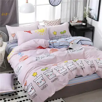 

55 4pcs/set Comfortable Pink Cartoon Style Family Bedding Set Bed Linings Duvet Cover Bed Sheet Pillowcases For Home