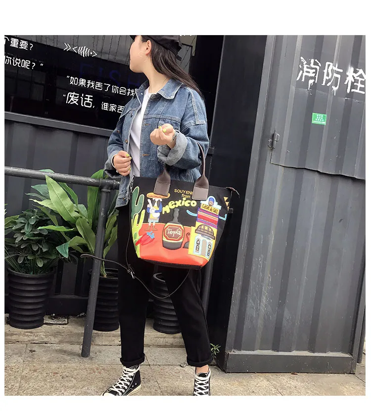 Creative Embroidery Bag Stitching Contrast Color Embroidery Korean Handbag New Canvas Bag Shoulder Diagonal Large Bag