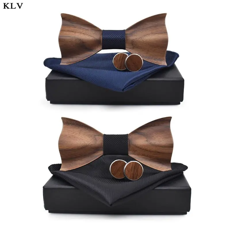  Classic 3D Black Walnut Wooden Bowtie Handkerchief Cufflinks Gift Box Wedding Party