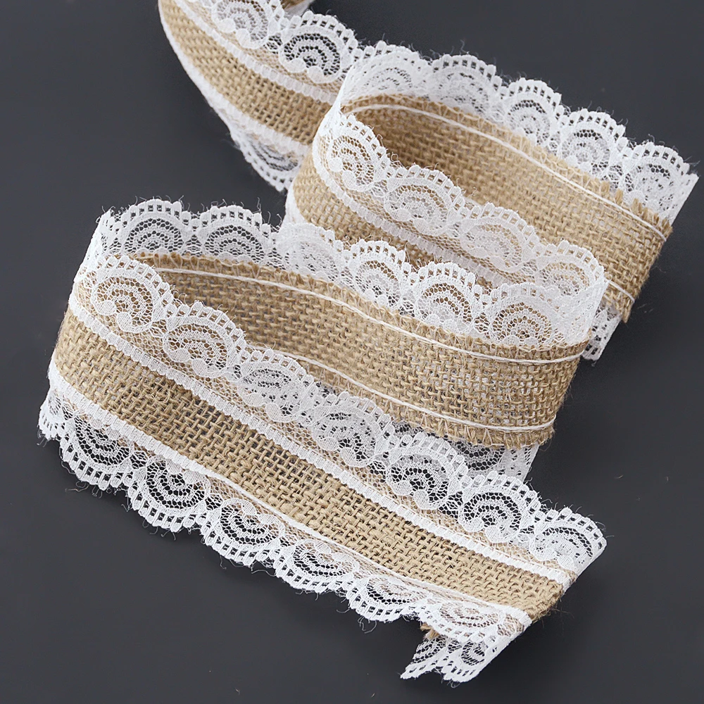 2m 4 Style Natural Jute Burlap Hessian Lace Ribbon Roll+White Lace Vintage Wedding Decoration Party Christmas Crafts Decorative - Image 3