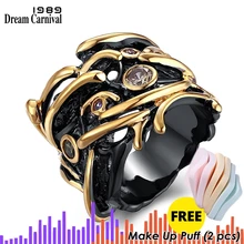 Trendy Hip Hop Ring for Women Teenage Unique Black& Gold Plated Cubic Zirconia Bezel Set Lead Free Street Fashion Movie Jewelry