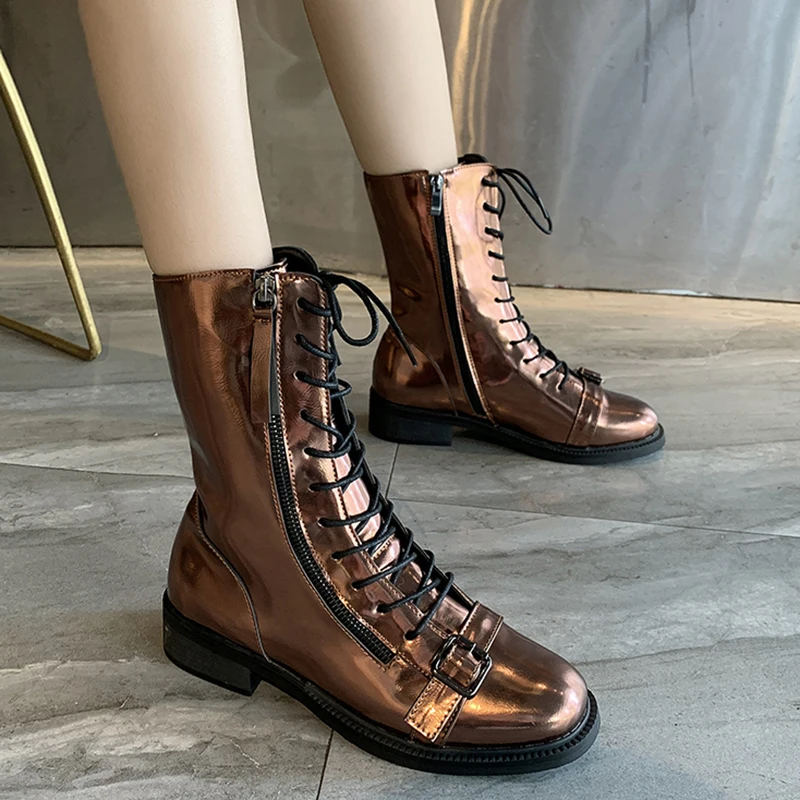 

Lucyever Fashion Gold Silver PU Leather Boots Women Zipper Lace Up Square Heel Shoes Woman Black Buckle Botas Mujer 2019 Autumn