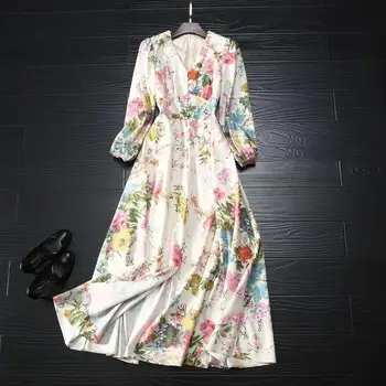 

Beautiful Dress 2020 Spring High Quality Women V-Neck Charming Flower Prints Split Sexy Long Sleeve Party Club Dress Vestidos