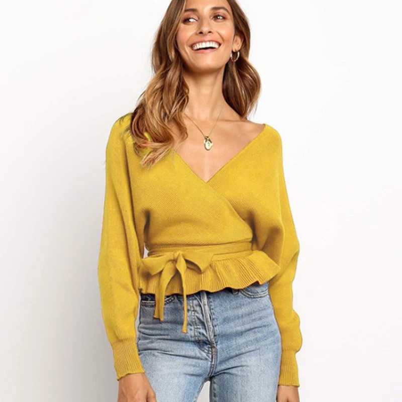 Женский свитер с v-образным вырезом, зимняя одежда, модный уличный стиль, кружево, ручная вязка - Цвет: yellow
