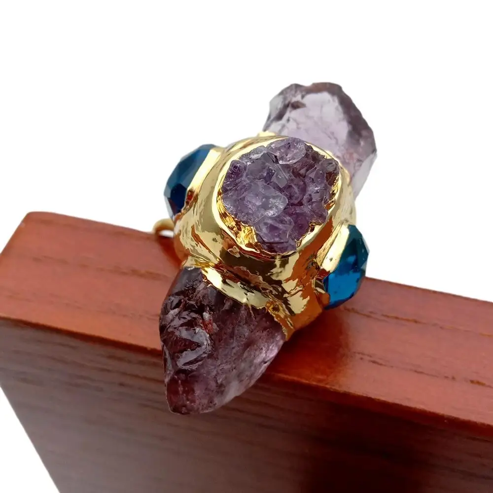 Gemstone Ring Gold Plated Rings YYGEM Natural Purple Amethyst Point Druzy Rough Blue Crystal Ring Gold Plated Adjustable Gems Ring