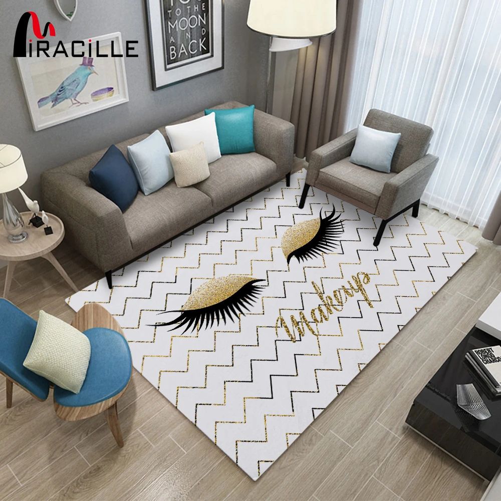 Miracille Gold and Black Eyelash Design Rectangle Area Rugs Children Playing Mat Modern Home Decorative Carpet
