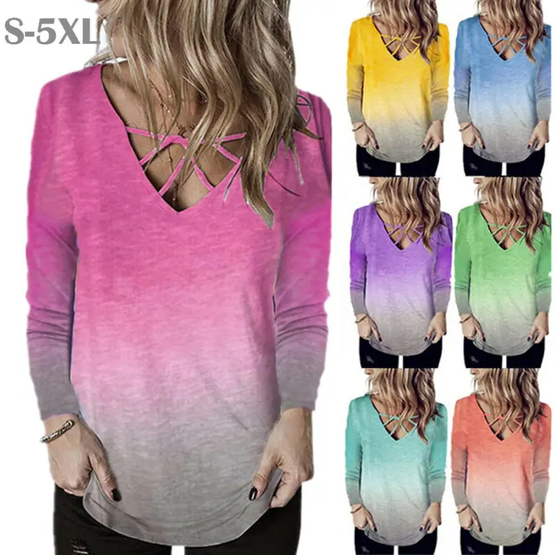 

2019 Newest Hot Women Spring Autumn Long Sleeve V Neck T-Shirt Casual Loose Tops Gradient Color Tee Plus Size S-3XL