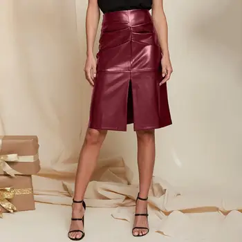 

Celmia Vintage Women Skirts Elegant PU Leather Skirt 2020 Fashion Sexy High Waist Casual Pleated Solid Split Zipper Office Skirt
