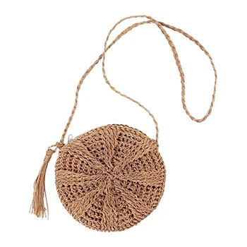 

Simple Round Tassel Female Messenger Straw Bag Handmade Shoulder Woven Bag Summer Beach Bag