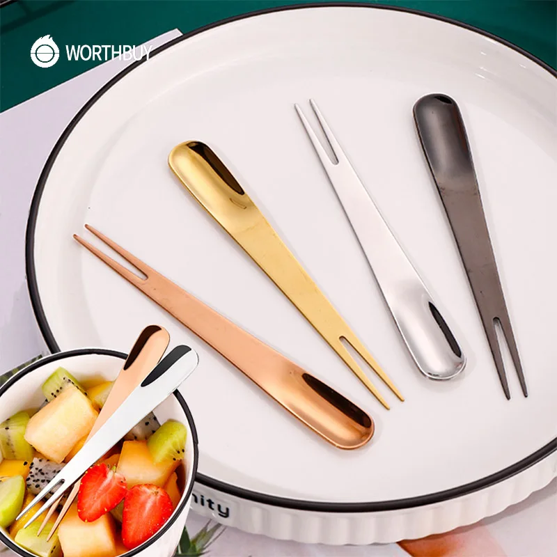 WORTHBUY Spork-Tenedor de acero inoxidable multifuncional para postre, cuchara, fruta, 2 en 1, 18/8, accesorios de cocina