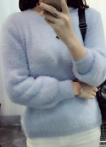 Skup Aihuyigui 2019 jesień zima kobiety swetry różowy biały sweter moherowy o neck luźne latarnia rękaw cukierki kolor sweter Tb105