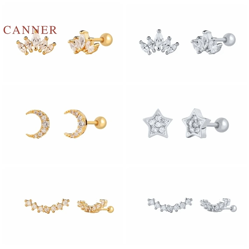 Mejores Ofertas CANNER, 1 pieza, pendientes Plata de Ley 925 auténtica para mujer, pendientes de rosca de corona, luna, estrellas, circón de una sola fila, Joyería de diamantes WGwgrDKr18z