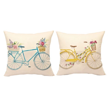

2 Pcs Bicycle Throw Pillow Cover Vintage Home Decorative Cushion Case 18 X 18 Inch Linen for Sofa, 1 Pcs Yellow (Flower) & 1 Pcs