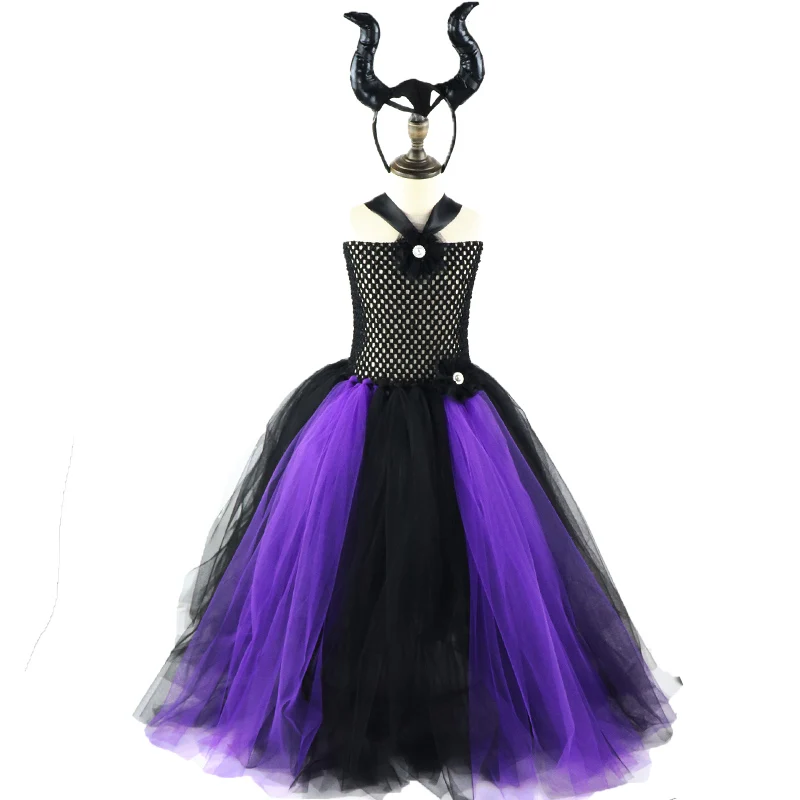 Детское платье-пачка для девочек, черный, фиолетовый, Maleficent, костюм для косплея на Хеллоуин, крылья, рог, принцесса, вечерние платья для девочек, XX0 - Цвет: 1 dress 1 horn
