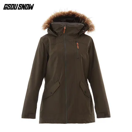 Женская лыжная куртка GSOU с меховым капюшоном, одежда для катания на лыжах и сноуборде, супер теплая ветрозащитная водонепроницаемая Спортивная одежда для женщин - Цвет: Army Green