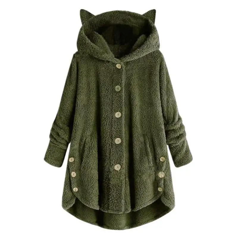 Женские толстовки, толстовка, зимняя, утолщенная, теплая, флисовая, с милыми кошачьими ушками, на пуговицах, пальто, корейский кавайный пуловер с капюшоном, свободные толстовки - Цвет: Army Green