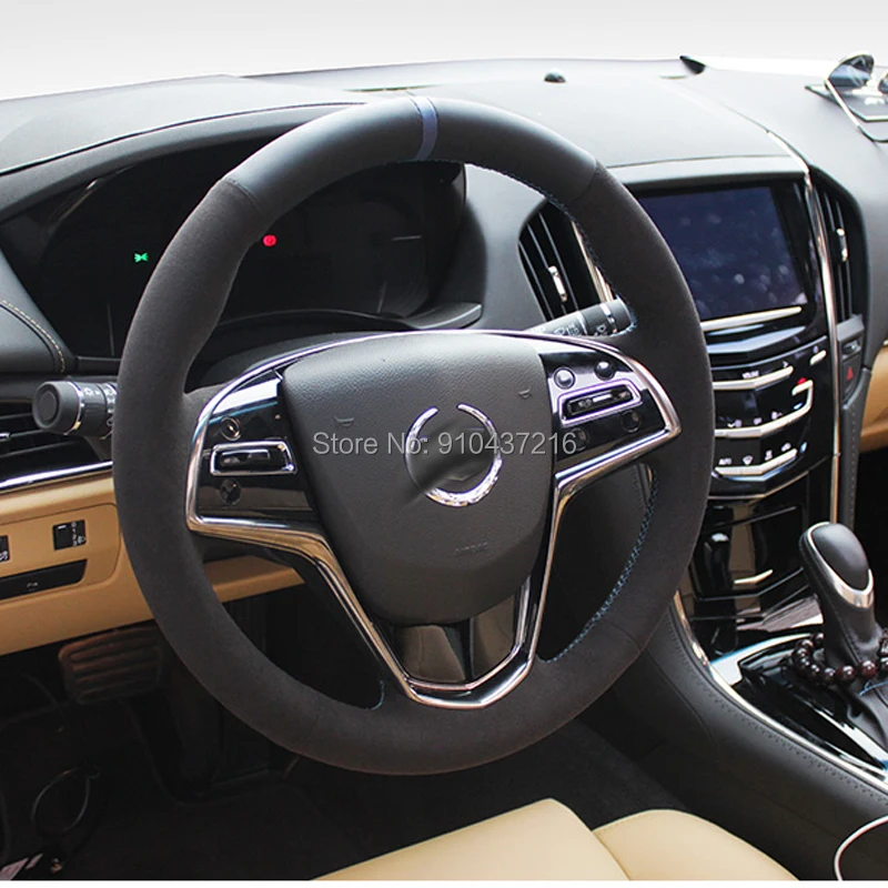 

For Cadillac ATS ATSL CTS CT6 DIY Black Perforated Suede Leather Hand sewing Steering Wheel Wrap Cover