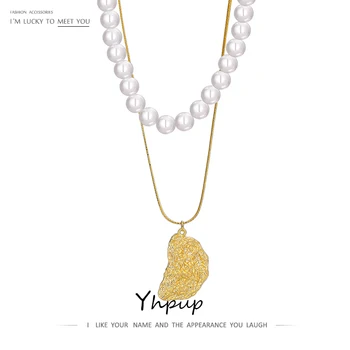 

Yhpup Statement Strand Necklace Simulated Pearls Jewelry for Women Chic Geometric Pendant Zinc Alloy Chain Necklace Gift New