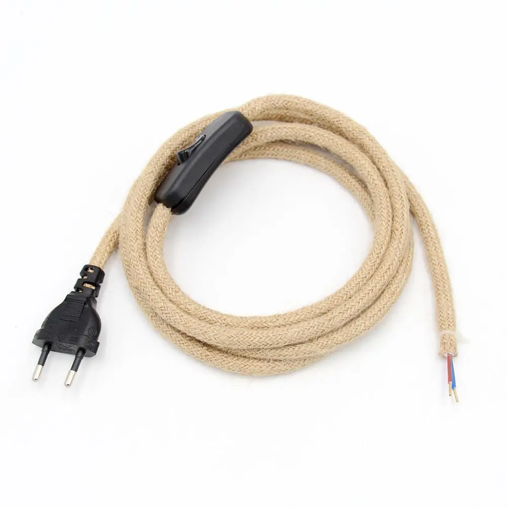 Vintage Hemp Jute Rope Braided Power Cord with On/Off Switch - 2 Meter Length, 220V EU Plug