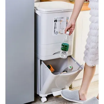 

42L Large Double Layers Garbage Trash Cans Kitchen Storage Vertical Waste Sorting Bins with Wheel Garbage Bag Holder Recyclable