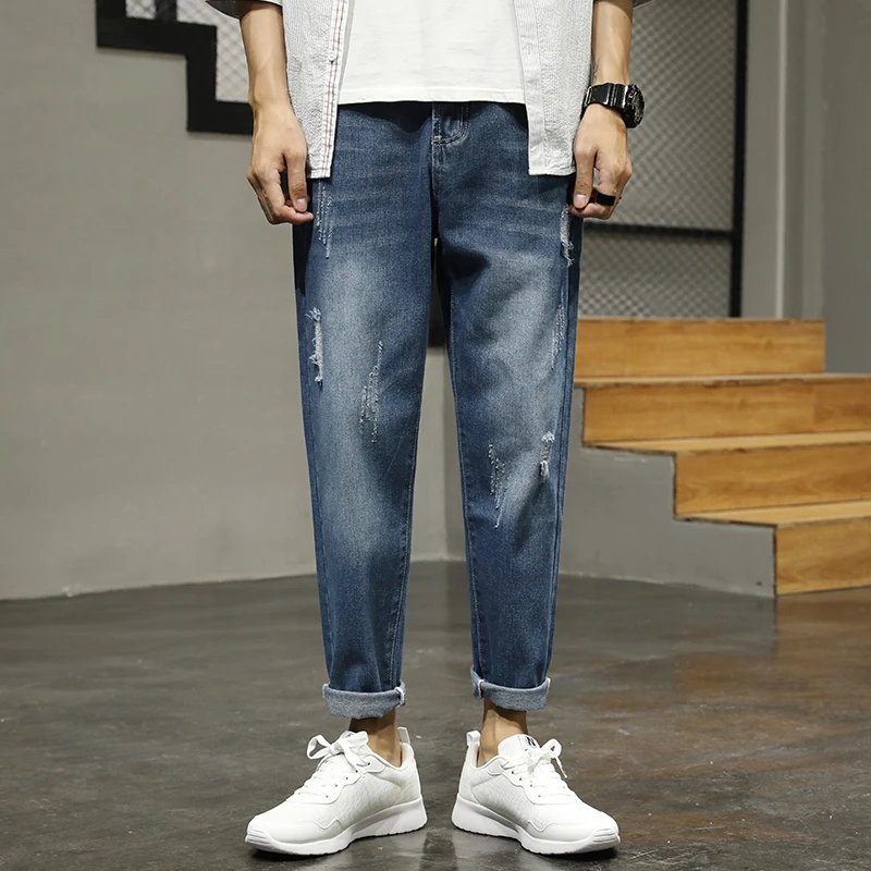 

Men's Destroyed Denim Pants Mens Street Button Tapered Harem Cotton Breathable Denim Jeans Baggy Jogger Casual Trousers Jeans