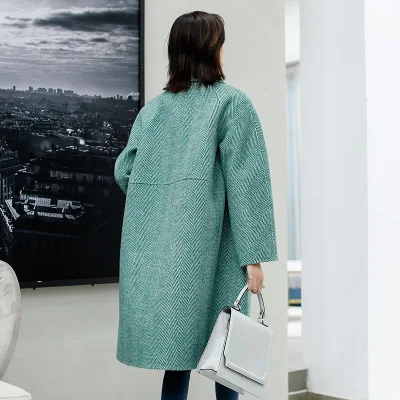 green Зимнее женское Шерстяное Пальто, плотное теплое Женское шерстяное пальто, свободное однобортное женское длинное пальто, высокое качество, элегантное женское пальто - Цвет: green