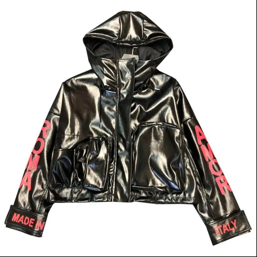 

Autumn 2019 New Letter Printing Personality Lacquer Bright Face PU Leather Jacket with Hood Lady's Streetwear Short Coat