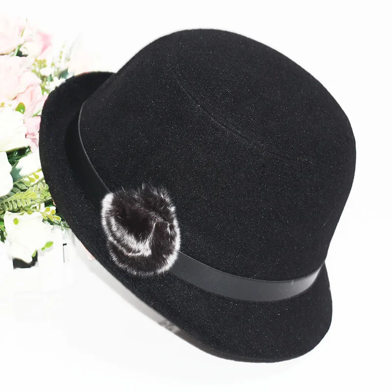 Бренд Fedoras, женские фетровые шапки из искусственной шерсти, тканевые Весенние шапки, женские меховые шапки Pompo Bombetta, осеннее платье, винтажная зимняя шапка - Цвет: black