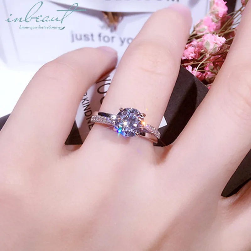 inbeaut S925 Sterling Silver Brilliant Cut Ring for Female Original Twinkling Perfect 1 Ct Simulated Diamond Wedding Rings Gift