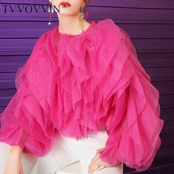 

TVVOVVIN Shirt Ruffles Puff Sleeve Women Chiffon Woman Blouses Shirts Black White Red Vintage Sexy Women's Blouse 202 3JIY