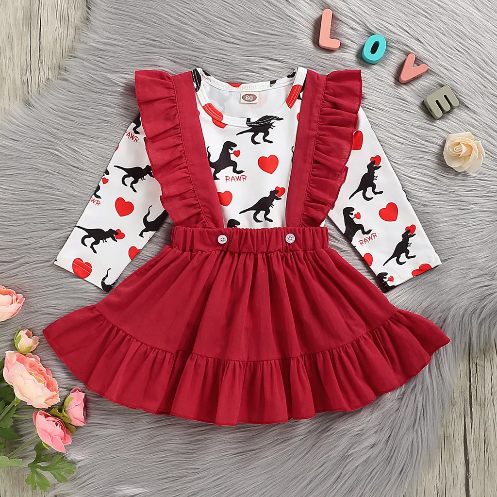 

Kids Baby Girls Valentine Sets Outfits Dinosaur Long Sleeve Tops Suspender Skirts Spring Toddler Girls Clothes Sets Outfits