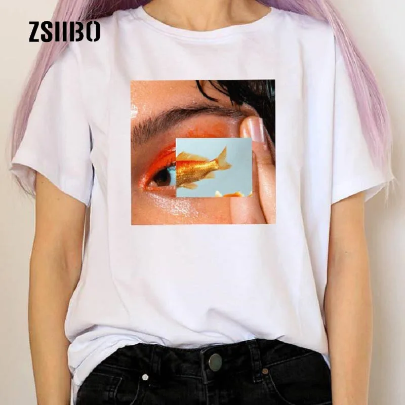 

Fish eyes Summer casual female fun print female short-sleeved Harajuku spoof tops large size Vintage couple tees couple T-shirt