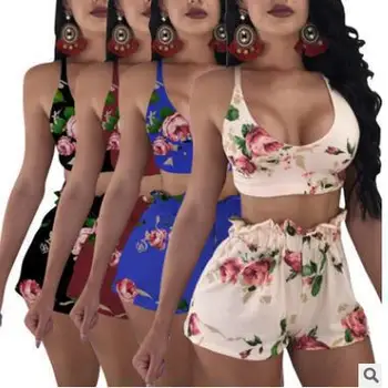 

Women's Floral Printing Hollow Out Sleeveless Tank Tops Vest Shorts Pants 2PCS Outfits Set Night Club Wear