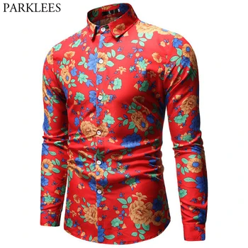 

Floral Print Red Shirt Male 2019 Brand New Slim Fit Long Sleeve Mens Dress Shirts Chemise Casual Party Holiday Shirt for Men 3XL