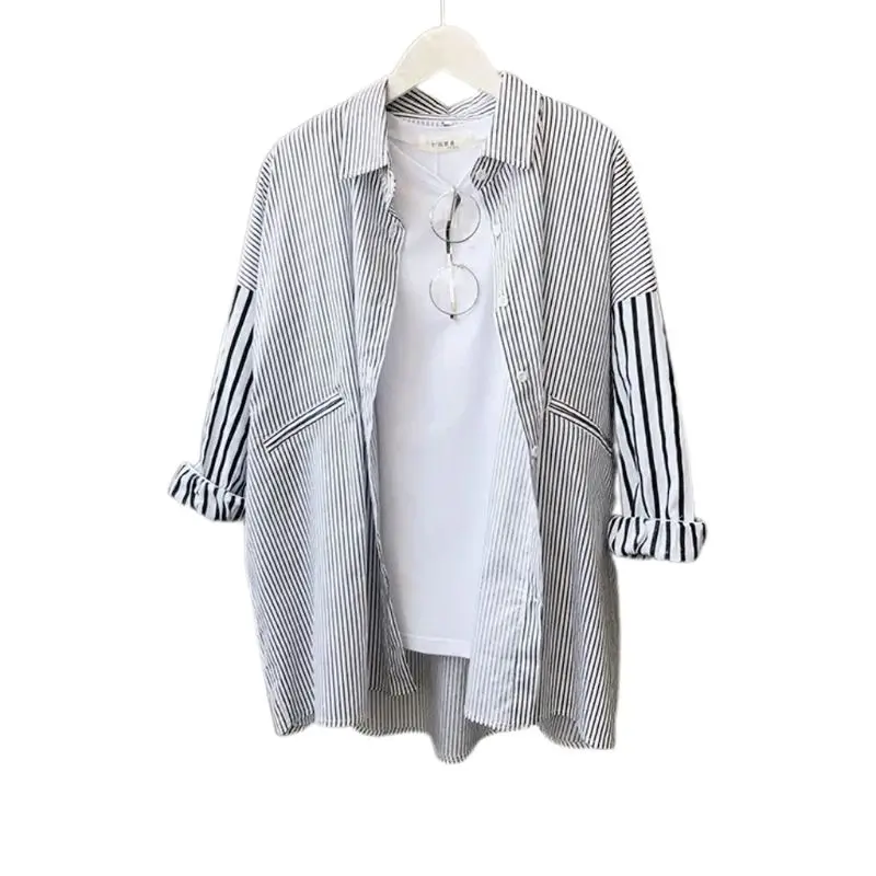 

Womens Long Batwing Sleeves Oversized Blouse Stripes Patchwork Printed Button Down Shirts Boyfriend Style Asymmetric Loose Tops