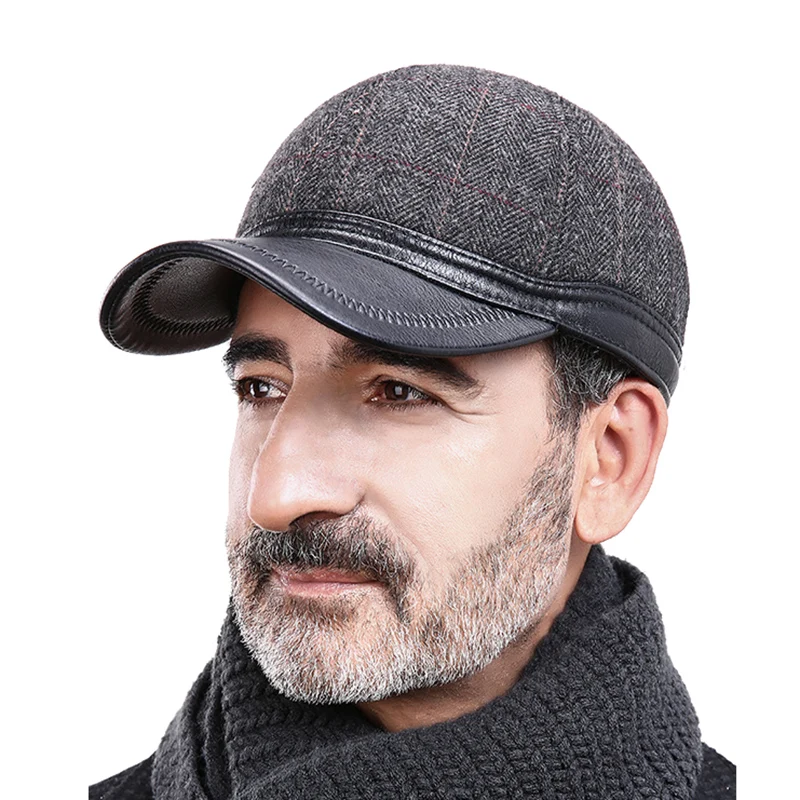

Fall Winter Baseball Cap Men Snapback PU Leather Dad Hat Earflap Elderly Warm Outdoor Cap British Earmuffs Male Father Hat