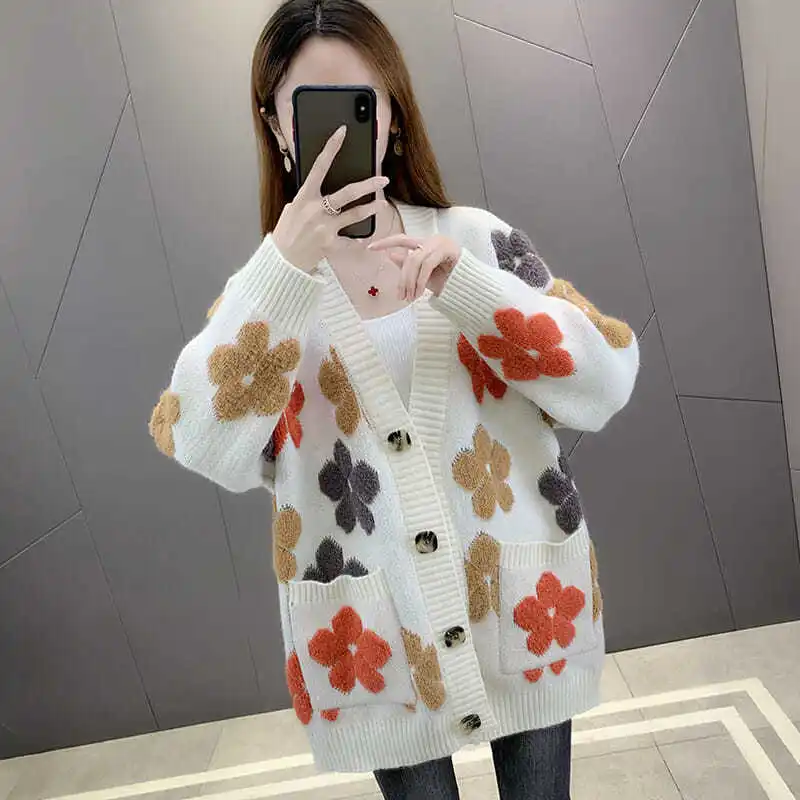 

Осенне-зимний свитер, куртка для женщин, новинка 2023, жаккардовый, v-образный вырез, однобортный, вязаный кардиган, Женская куртка, повседневная, универсальная