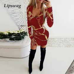 Lipswag 2019 Новое Элегантное дамское облегающее платье женский осенний платок с принтом длинный рукав вечернее платье сексуальное с v-образным