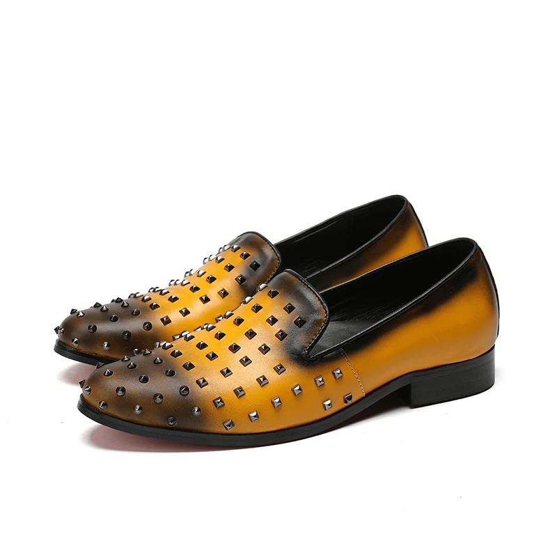 

Italian Designer Mens Formal Dress Shoes Gold Rivets Genuine Leather Wedding Shoes Men Loafers Chaussure Homme Casual Flats