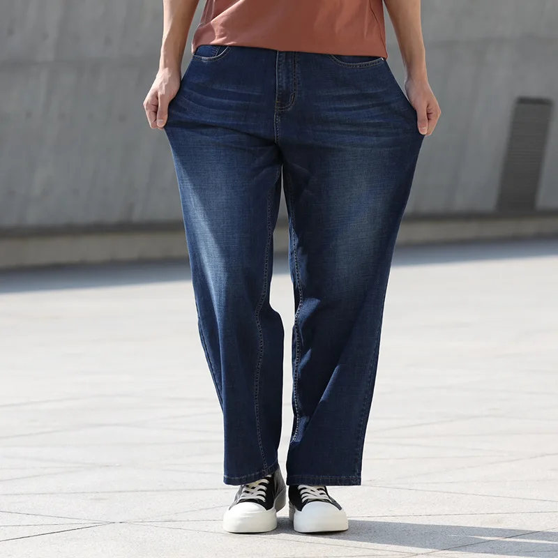 Summer Thin Section Men's Jeans Straight Large Size Loose Denim Trousers Blue Hip hop Leisure Streetwear Wide Leg Pants