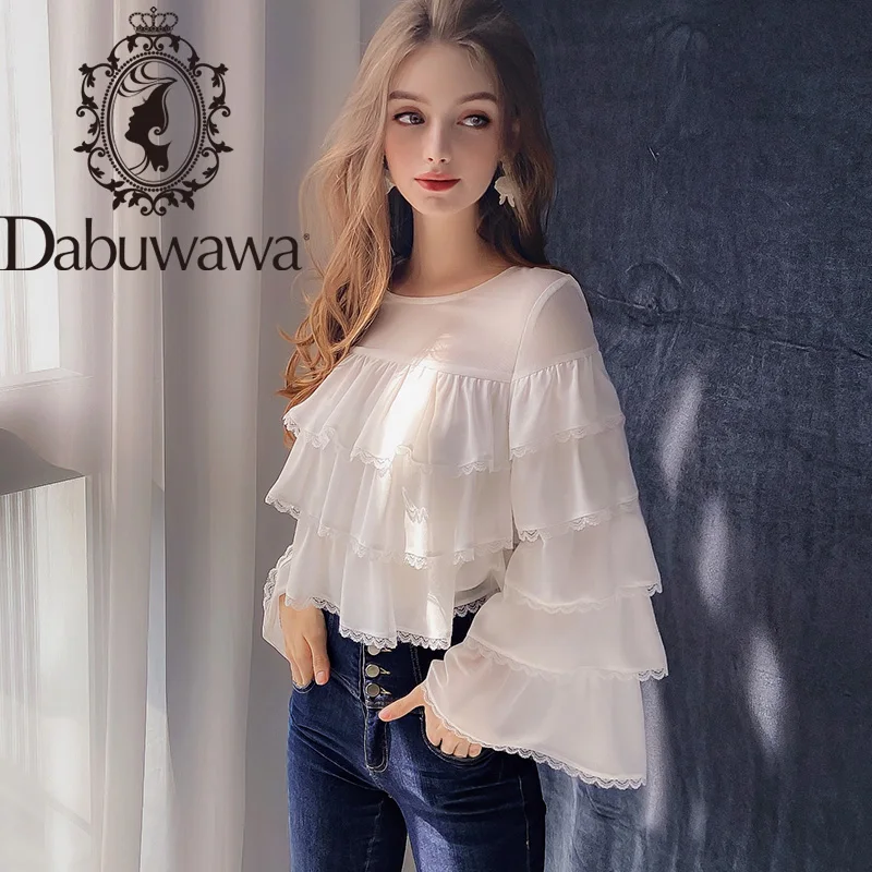 

Dabuwawa White Elegant Multi Layers Ruffle Blouse Women Flare Sleeve O-Neck Sweet Solid Shirts Tops Female Ladies DT1CST041