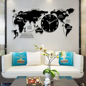 

Large World Map Wall Clock Modern Design Background Decoration Acrylic 3D Stickers Hanging Clocks Wall Watch Home Decor 120x55cm