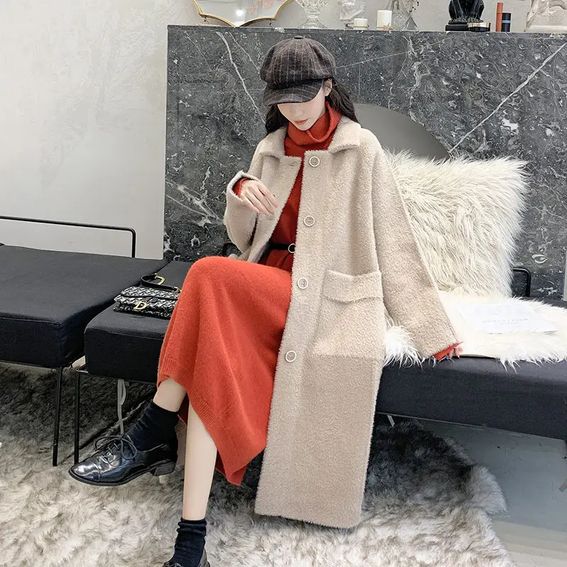 light khaki Шерстяное Женское пальто, новинка, Осень-зима, модное, из искусственного меха норки, утолщенное, длинное, повседневное, свободное, негабаритное, зимняя куртка f2484 - Цвет: light khaki