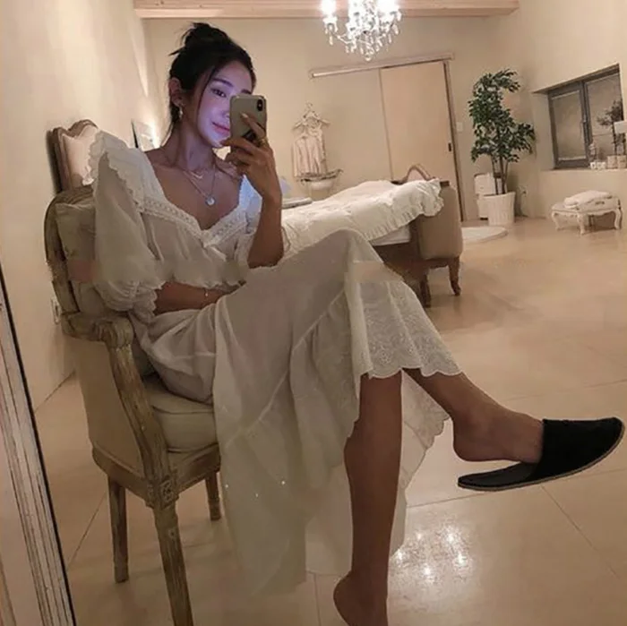 Women nightgowns women nightdresses sleeping dress new women's lolita dress white lace square neck princess sleepshirts