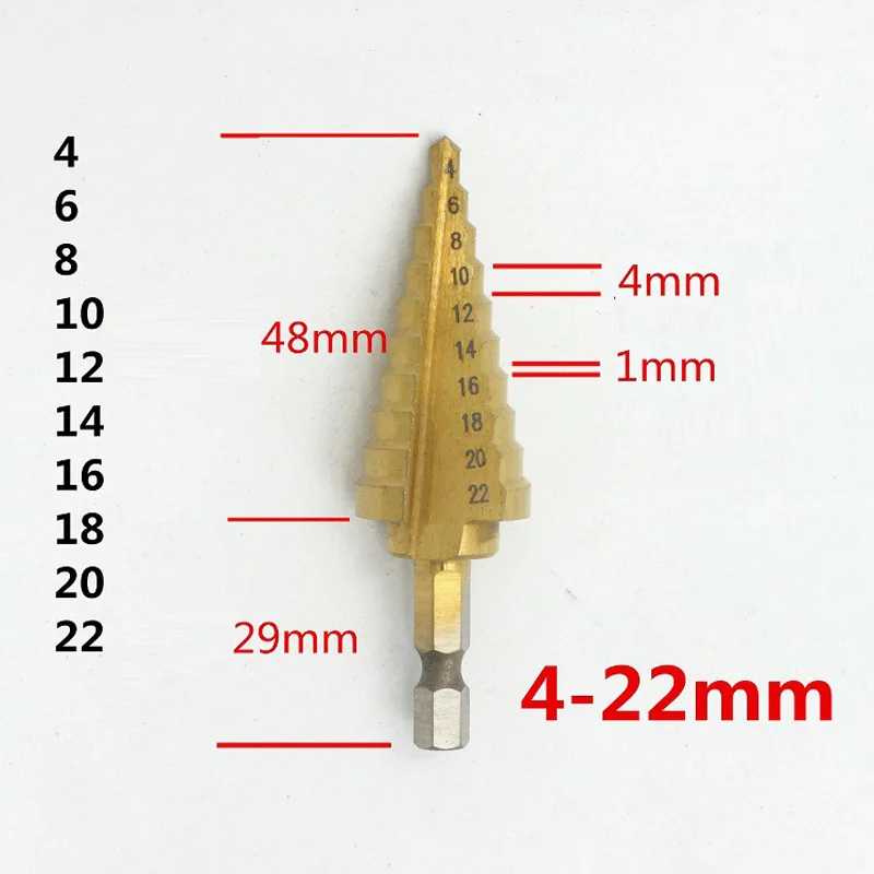 4-22 Hexagon Shank HSS с титановым покрытием Шаг сверло инструменты для сверления для металла высокоскоростной стальной резак для дерева Конус дрель Шестигранная ручка - Color: 4-22 Hexagon Shank