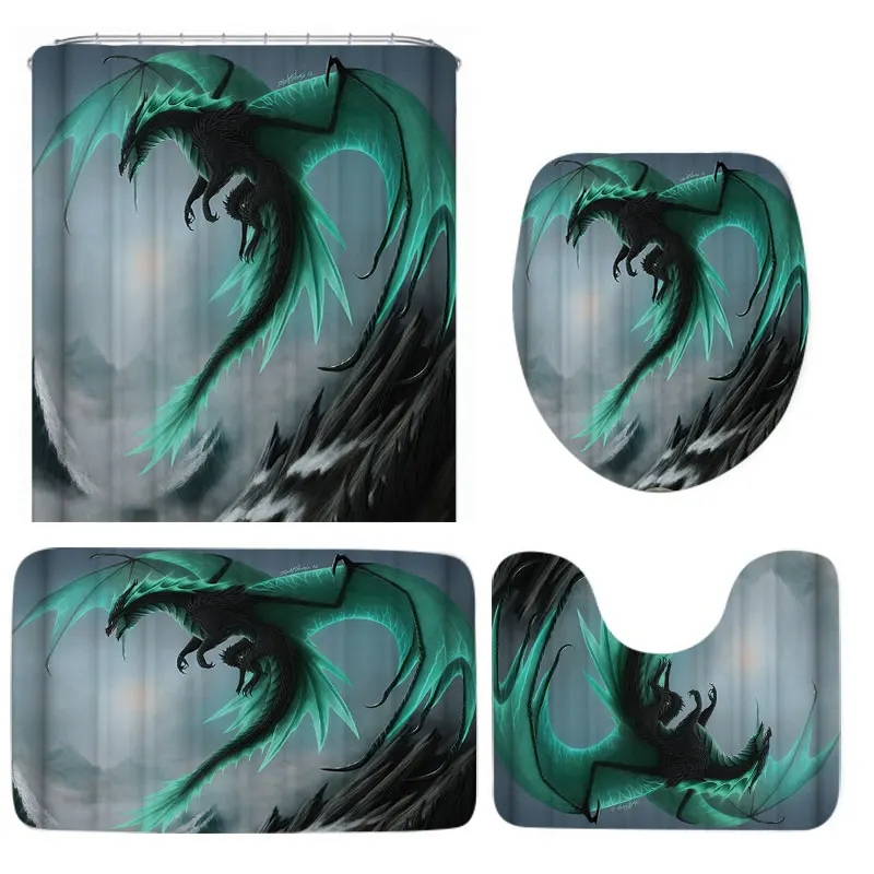 Modern Flying Dragon Waterproof Bathroom Shower Curtain Toilet Cover Bath Mat Non-Slip Rug Set Bathroom Accessories with 12 Hook