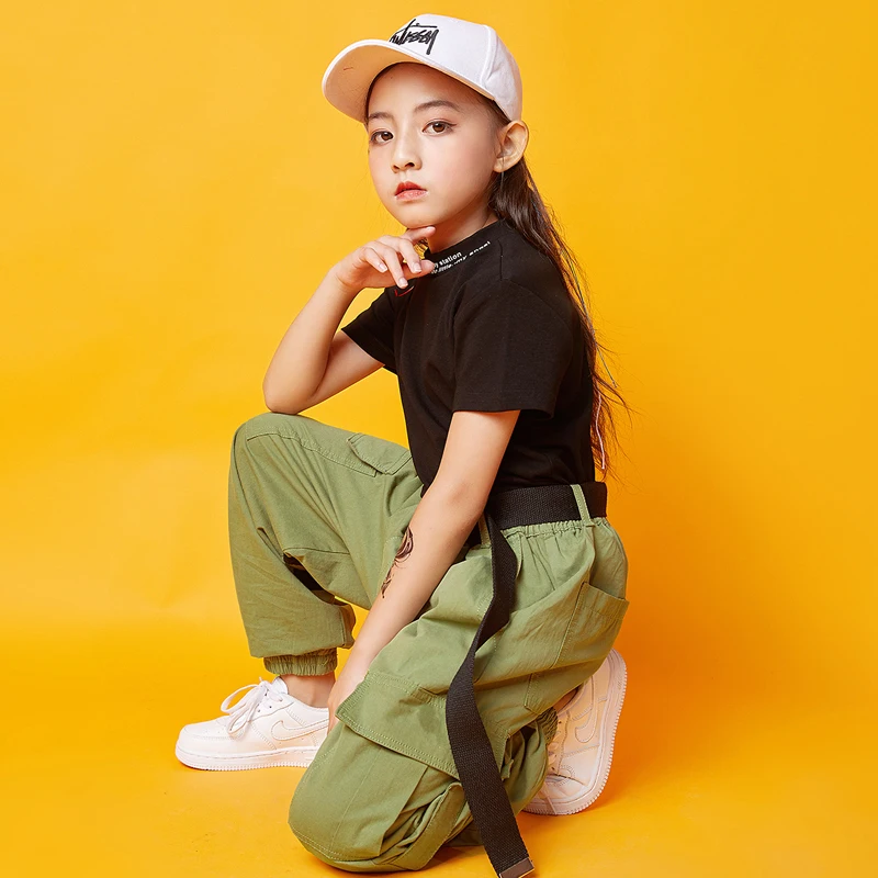 Children Jazz Dance Costumes Kids Black Tops Green Pants Outfit Hip Hop Clothing For Girls Street Dance Performance Wear SL1972