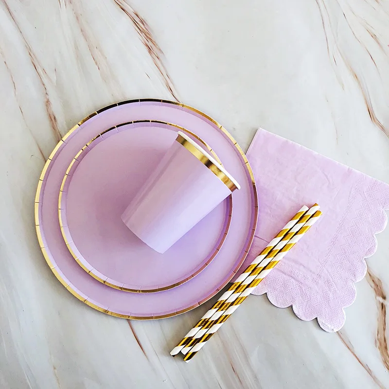 

64pcs/set Gilding Purple Disposable Tableware Set Wedding Birthday Party Paper Plate Cup Baby Shower Party Decoration Adult